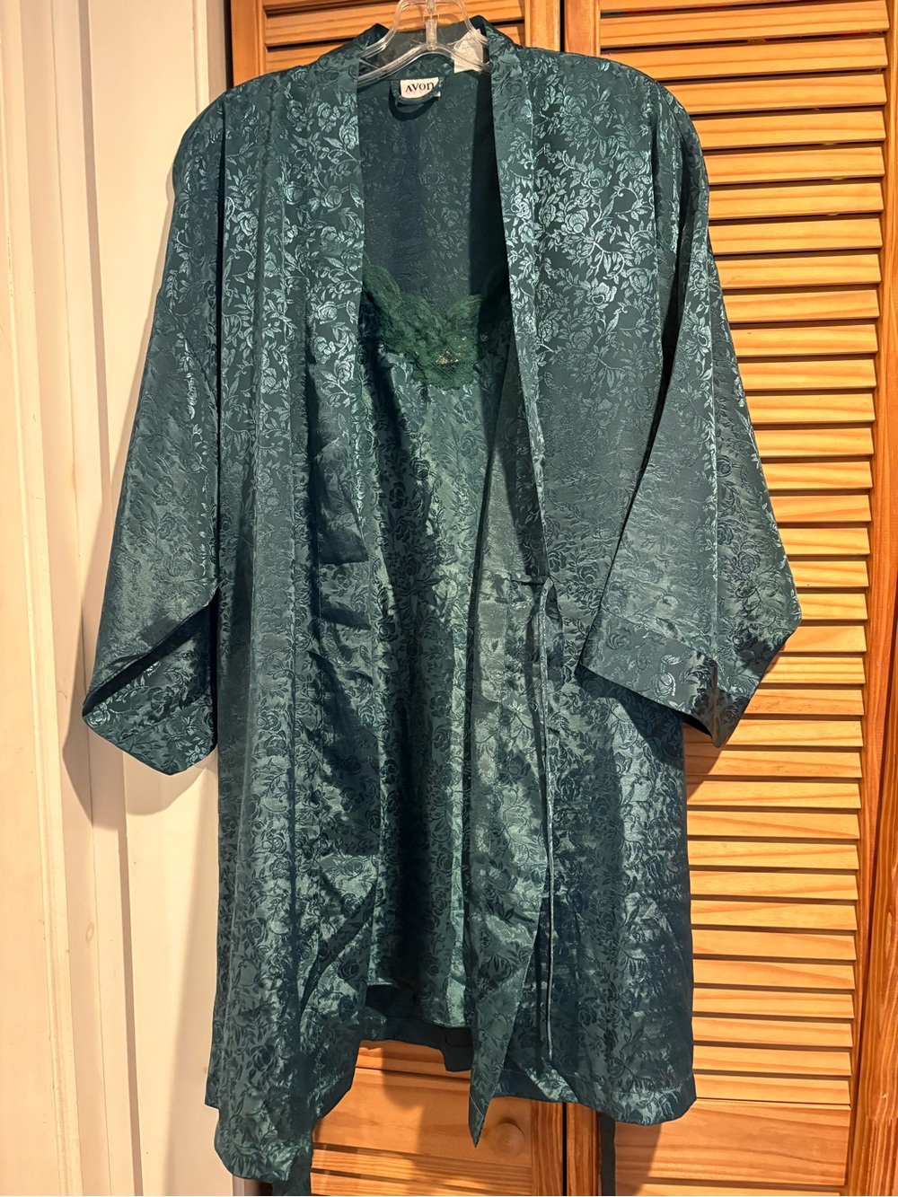 Vintage Jewel Tone Green Kimono Robe & Slip dress floral satin lace coquette